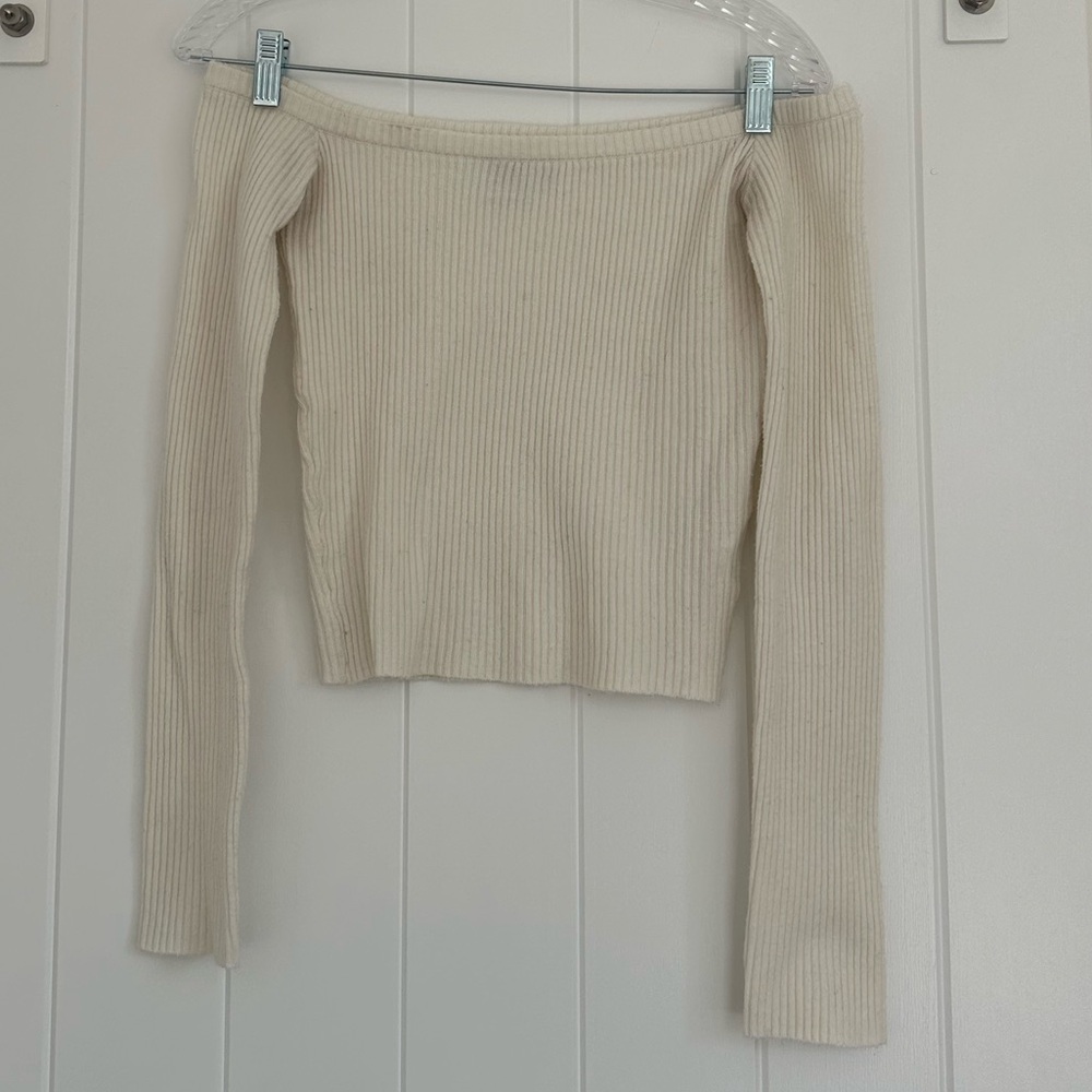Princess Polly Cream Ribbed Knit Off-Shoulder Top